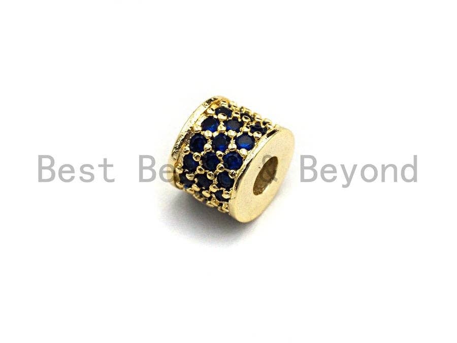 CZ Big Hole Drum Barrel Cobalt Micro Pave Beads, Gold/Rose Gold/Silver/Black Cubic Zirconia Spacer Beads, DIY Jewelry, 6x7mm, sku#X45
