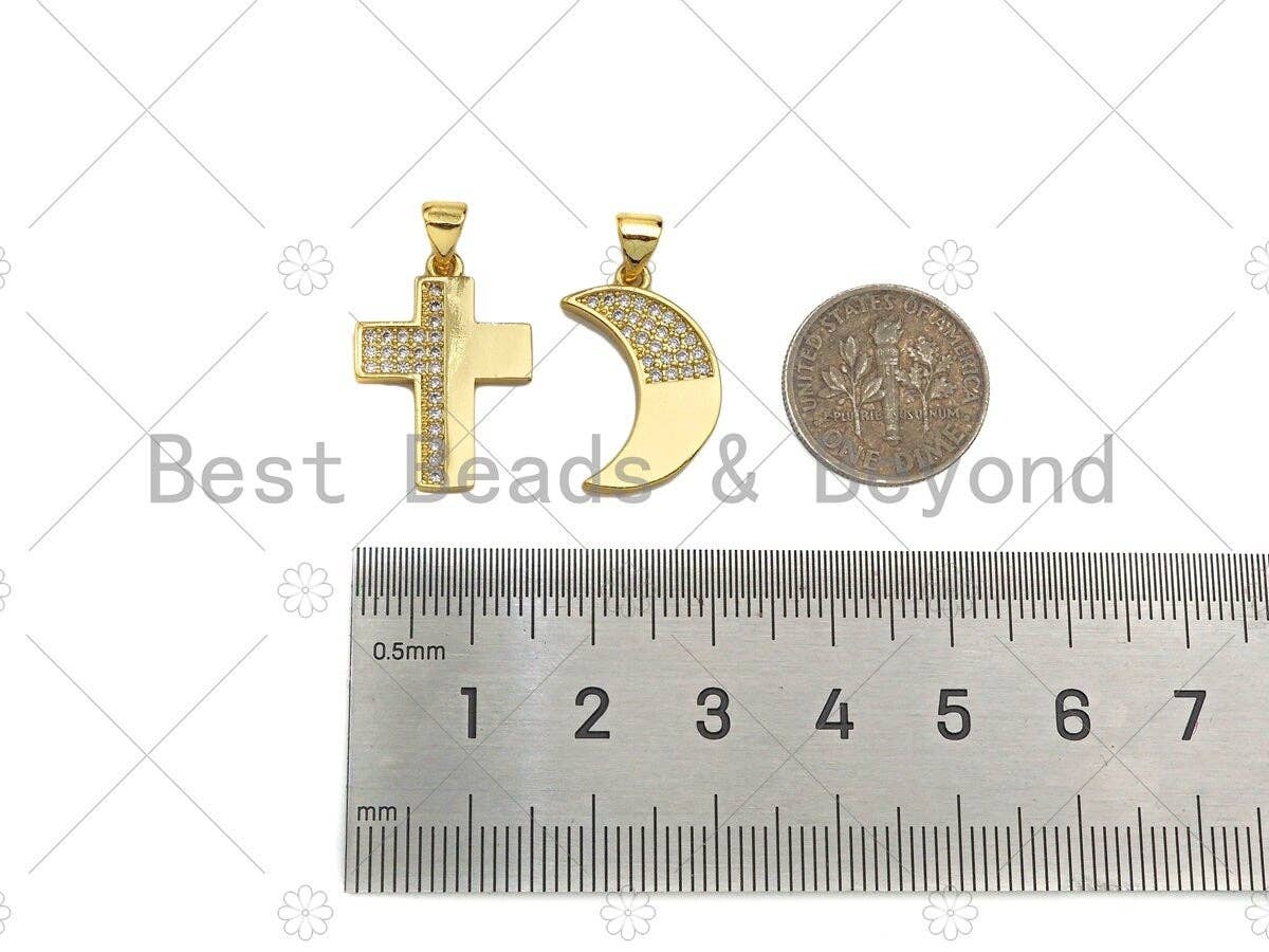 CZ Micro Pave Cresent Moon/Cross Shape Pendant/Charm,Half CZ Medallion Charm, Necklace Bracelet Charm Pendant,13x20/15x21mm, Sku#LK246