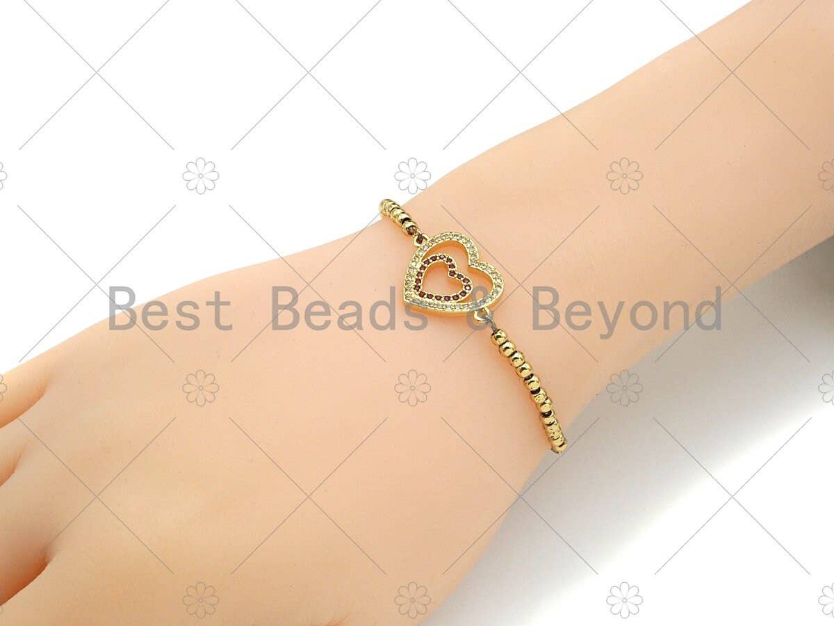 Gold Filled Fuchsia CZ Heart with Clear CZ Heart Shape Connector,18K Gold Filled Heart Charm, Necklace Bracelet Pendant,17x23mm,Sku#LK367