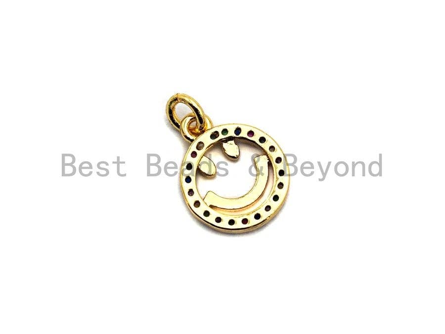 CZ Colorful Micro Pave Smiley Face Charm/Pendant, Round Face Shaped Pave Pendant, Gold plated, 10x12mm, Sku#F843