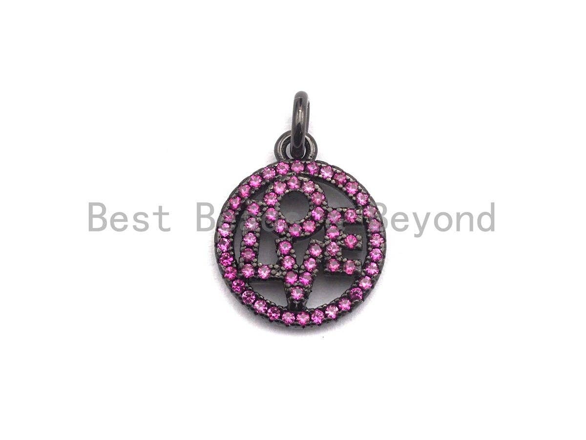 CZ Micro Pave LOVE Round Pendant with bail, Cubic Zirconia Blue Fuchsia Black Green Love Pave Pendant,13x15mm, sku#X105