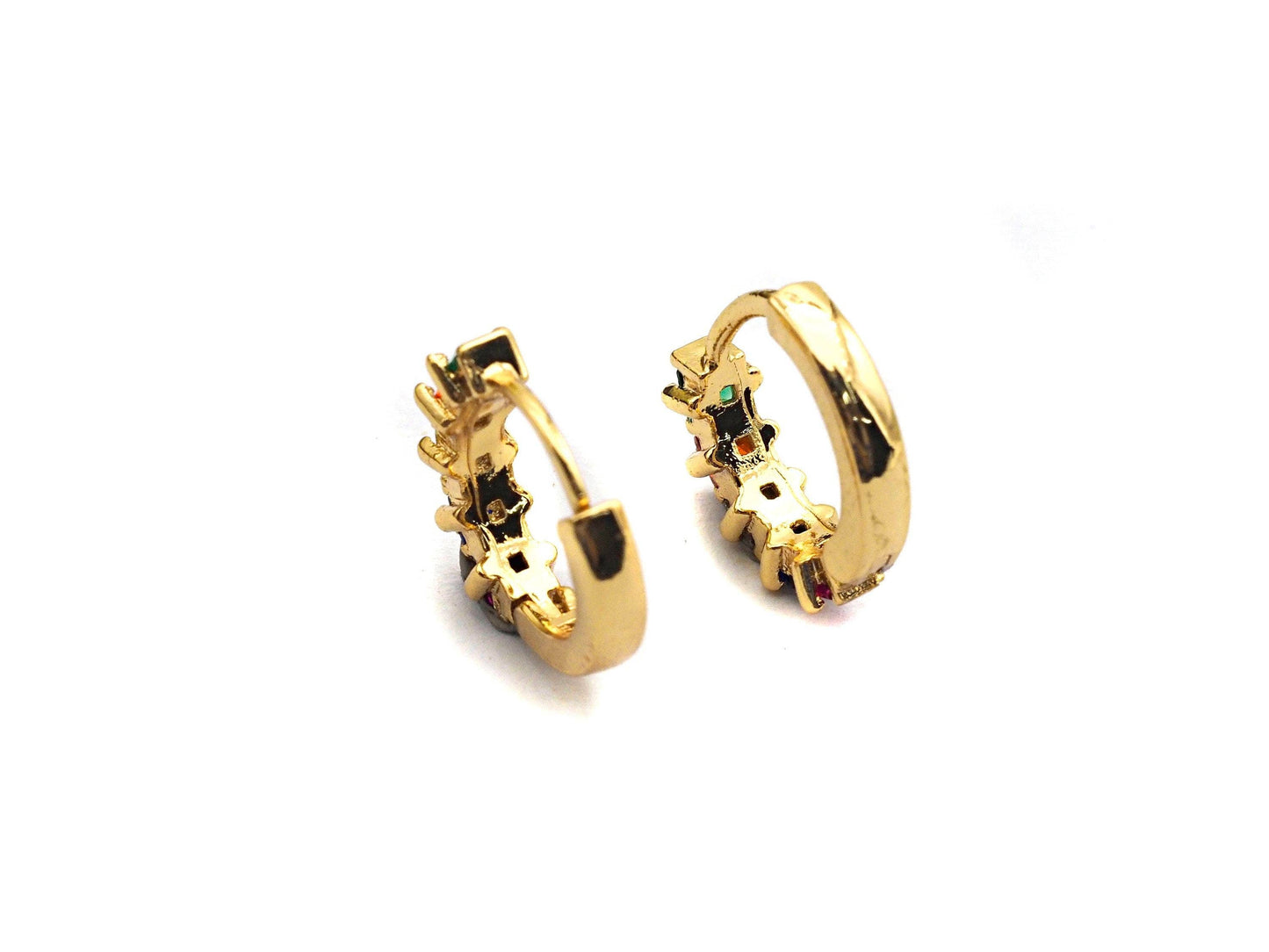 Baguette CZ Micro Pave Rainbow Huggie Earring, Gold Hoops earrings, Huggies Earrings,Minimal earrings,4x13mm,sku#J122