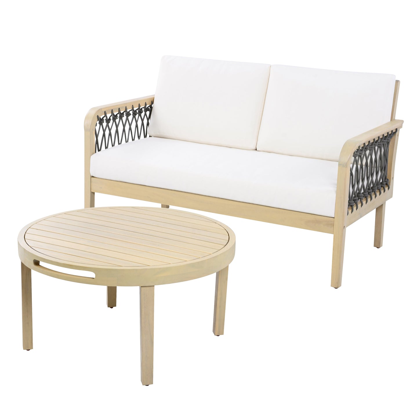 Outdoor Acacia Wood Loveseat & Coffee Table Set with Handwoven Rope