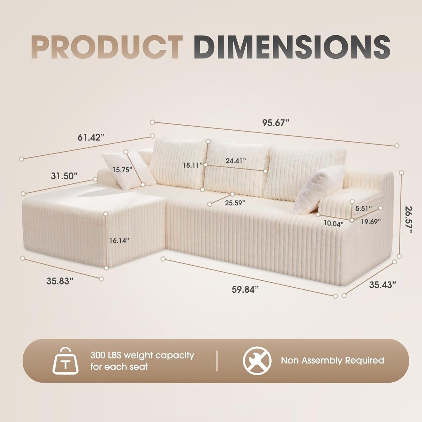 Modular L Shape Sofa 96Inch Oversized Chaise Memory Foam