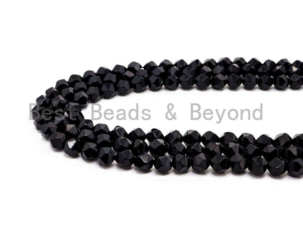 Quality Natural Black Onyx Diamond Cut Beads, 6mm/8mm/10mm/12mm, Round Faceted Black Onyx Gemstone Beads, 15inch strand, SKU#U41