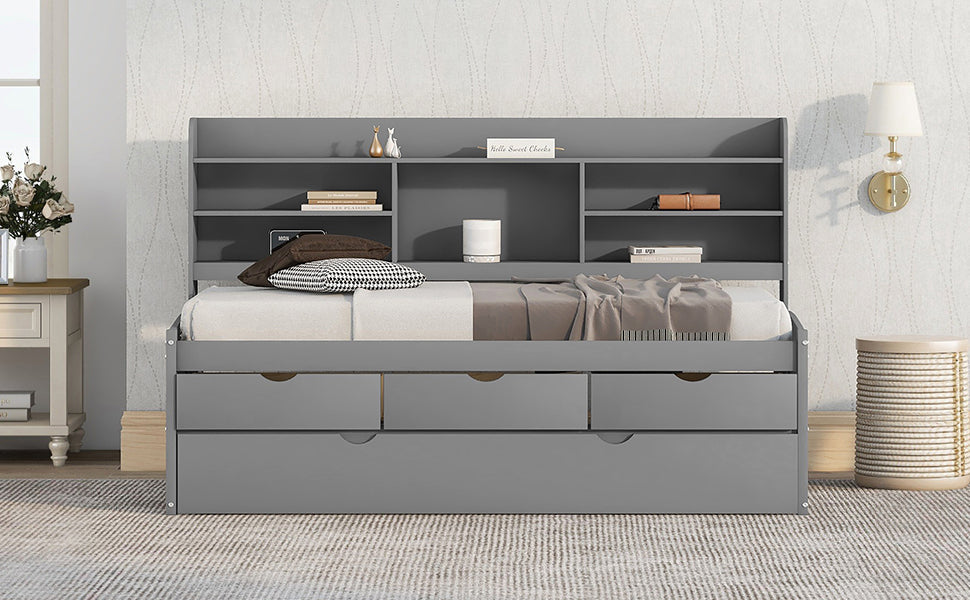 Twin Size Wooden Captain Bed with Built-in Bookshelves