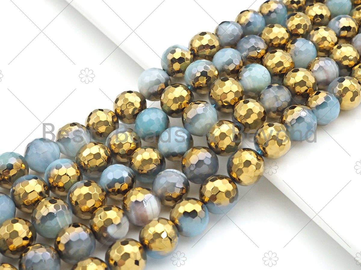 Half Gold Plated Blue White Agate Beads, 8mm/10mm/12mm Round Faceted Gold Blue White Agate, 15.5 Full Strand, sku# UA139