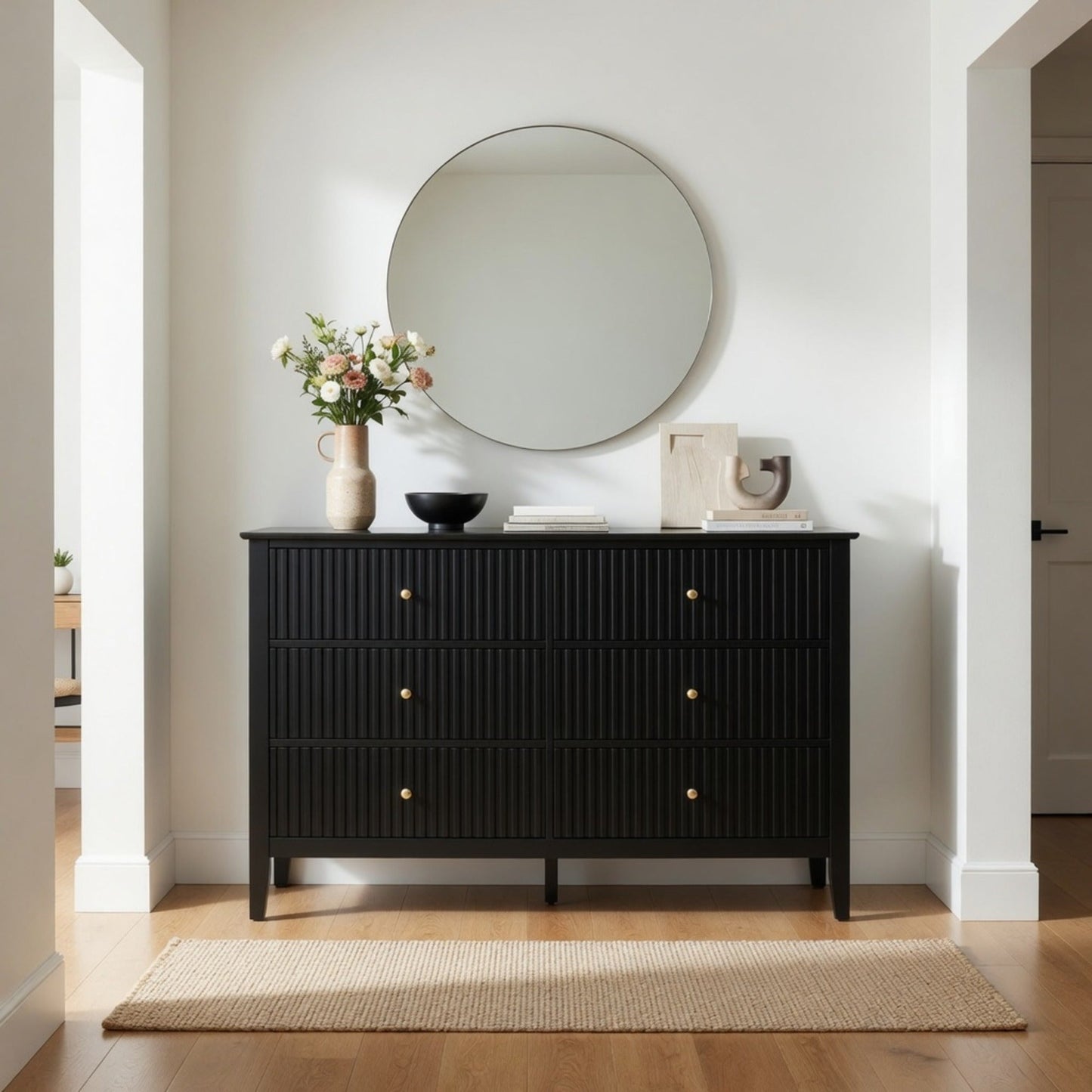 47.2" Wide Black 6-Drawer Fluted Dresser