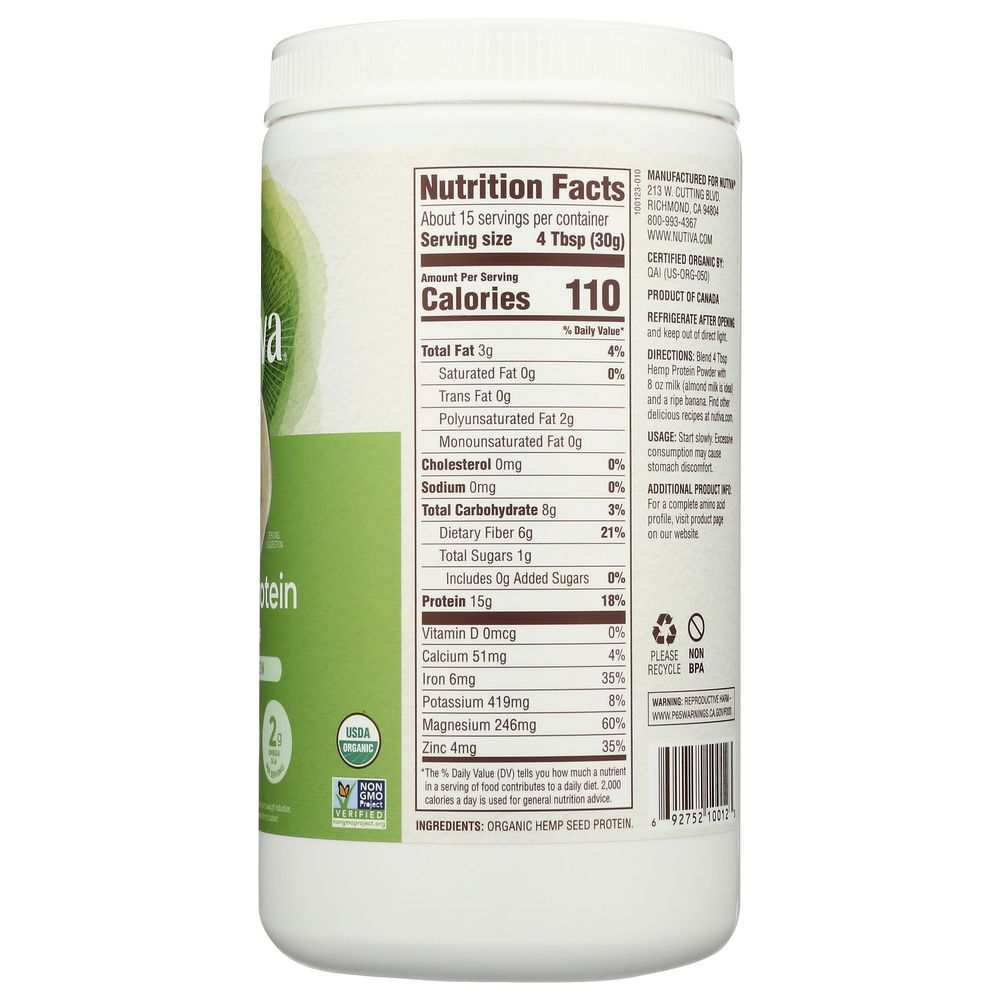 NUTIVA: Organic Superfood Hemp Protein 15G, 16oz| Rich Plant Nutrition