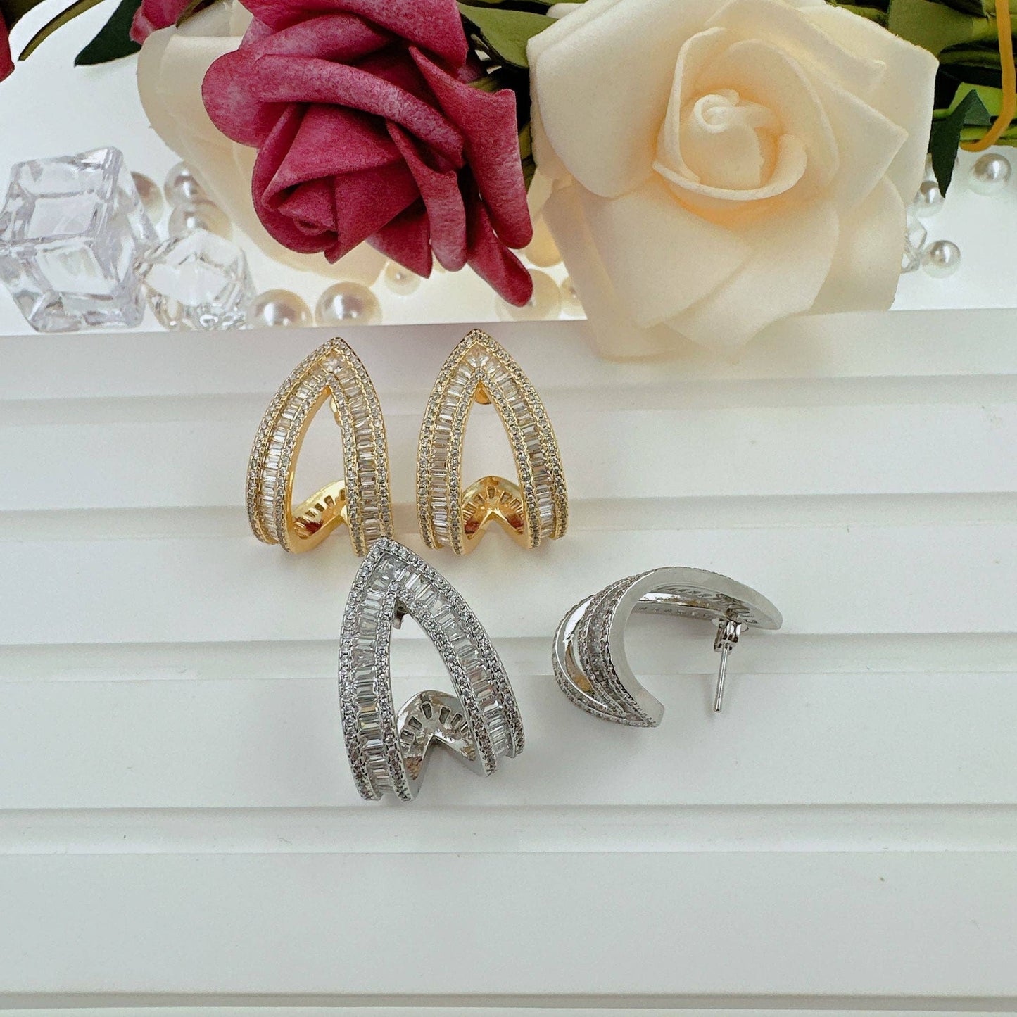 Gold Silver Baguette CZ V Shape Wrap Statement Earrings, Sku#Y923