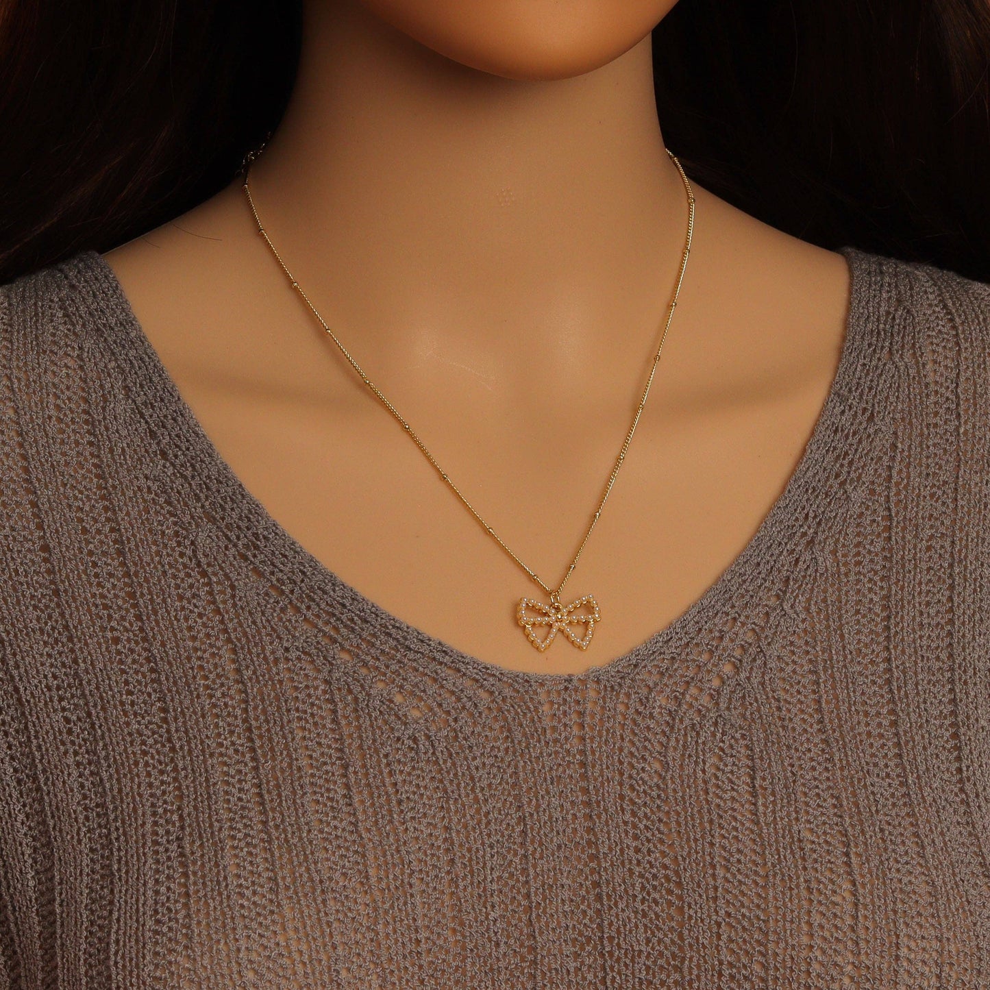 White Pearl Bow Pendant Adjustable Necklace, sku#EF716
