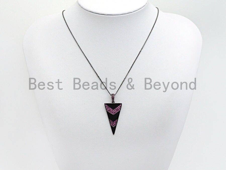 Gunmetal Triangle Shape with Blue/Pink/Black Arrow Pave CZ Pendant, CZ Pave Pendant, 20x46mm, sku#X103