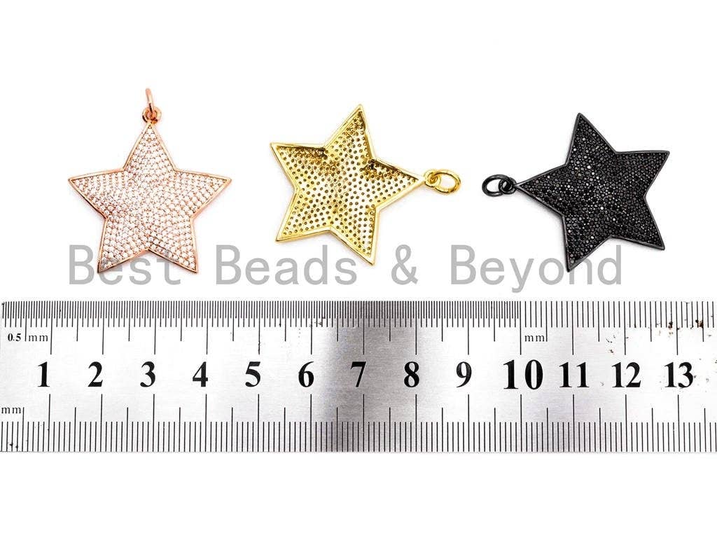 CZ Clear/Black Micro Pave Five Point Star Pendant, Star Shaped Pave Pendant, Gold/Rose Gold/Silver/Gunmetal plated, 32x33mm, Sku#F401