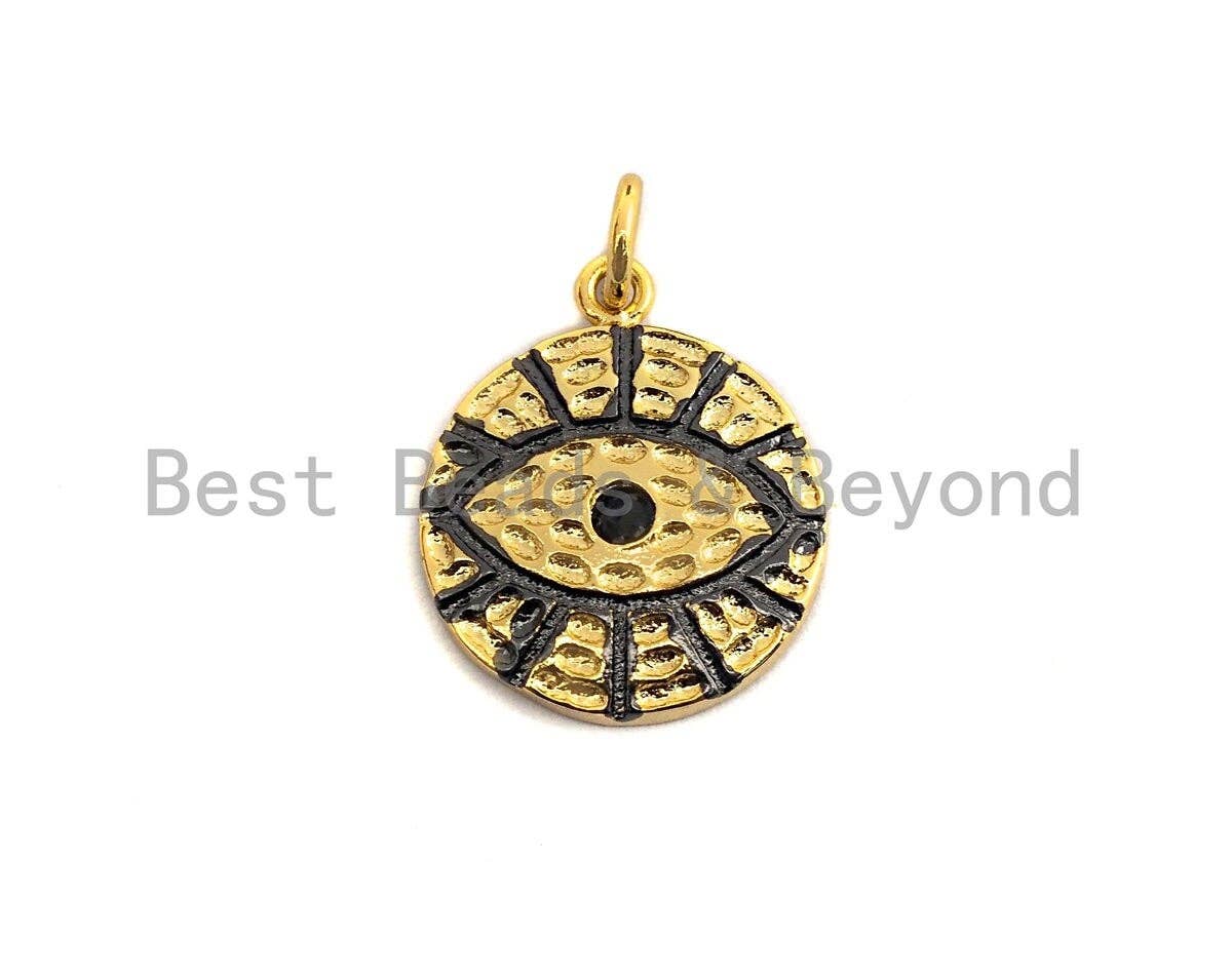 CZ Micro Pave Black Evil Eye on Disc Round Charm/Pendant, Gold Evil eye charm, Greek evil Eye, Pave Evil eye, 15mm,sku#Z424