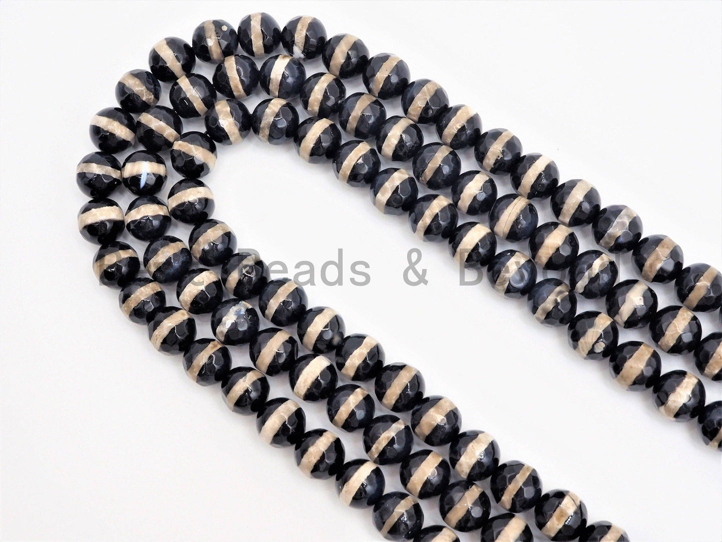Dzi Black One Line Faceted Black Round Faceted Agate beads, Tibetan Black Agate beads, 6mm/8mm/10mm/12mm, 15.5inch strand, SKU#U405