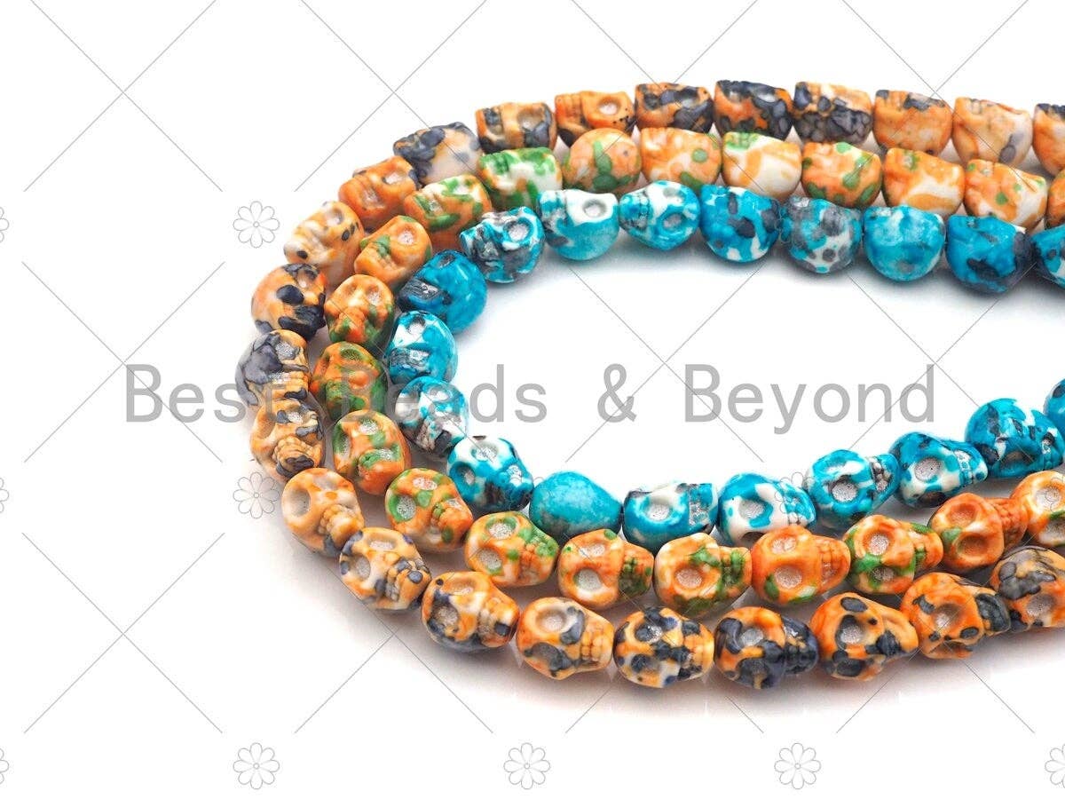 Yellow Blue Orange Mottled Jade Carved Skull Beads, Round Sm