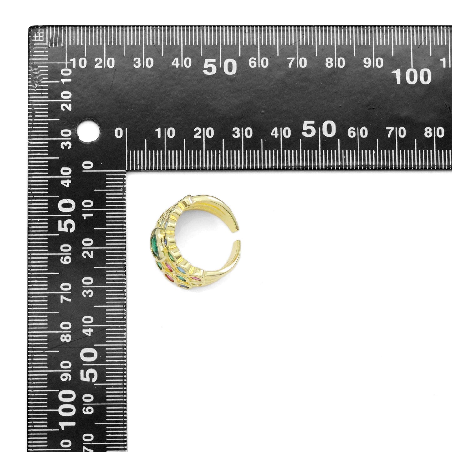 Colorful CZ Green Heart Multiline Gold Adjustable Ring, Sku#Z1480