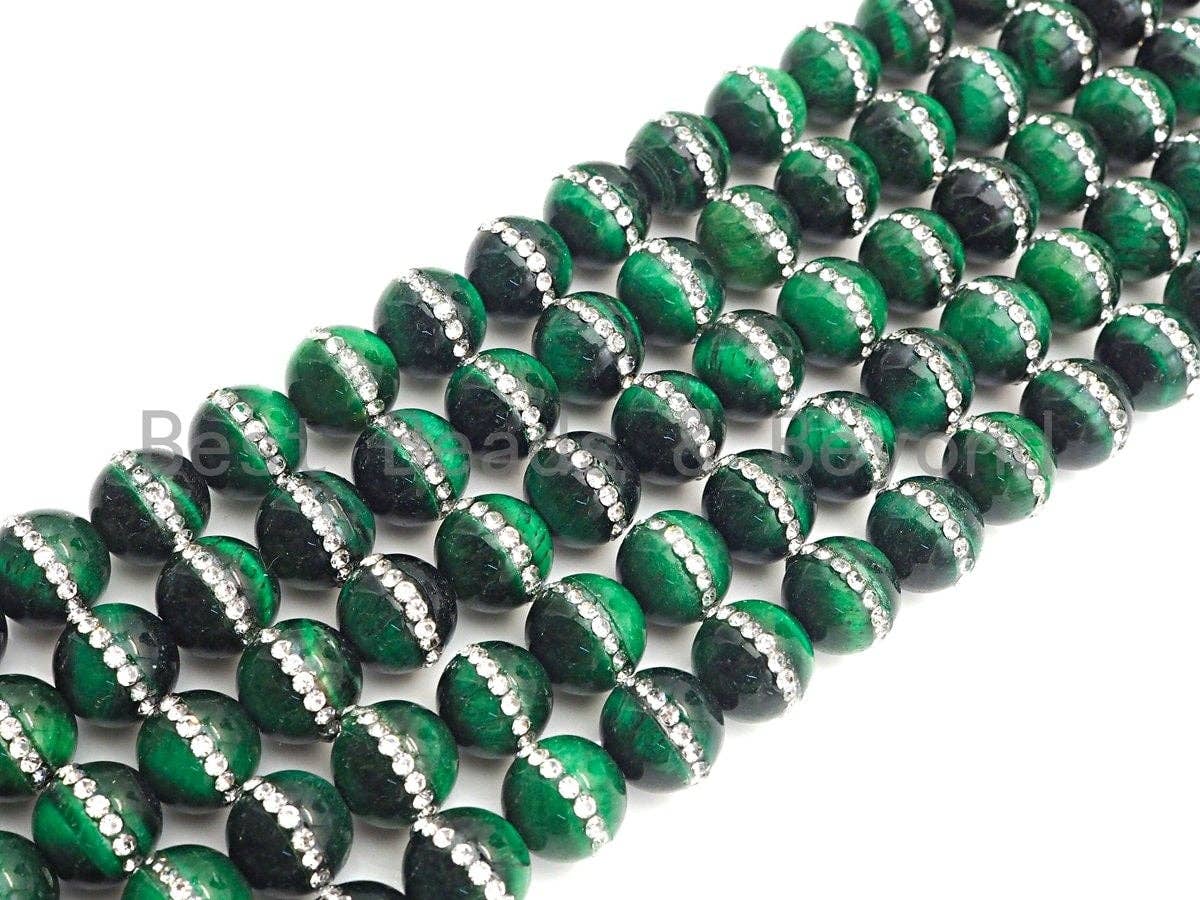 High Quality Green Tiger Eye with Rhinestone Inlaid, 6mm/8mm/10mm/12mm/14mm, Tiger eye Beads, 15.5'' Full strand, SKU#V52