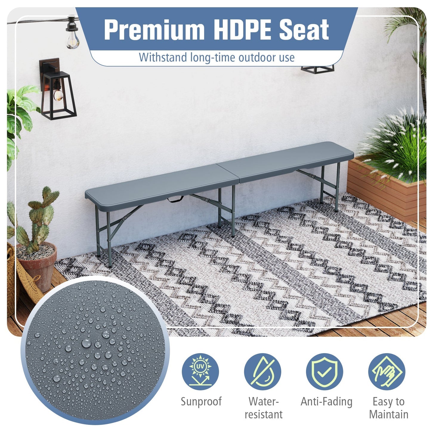 6 Feet Plastic Folding Bench Portable Seat with Handle and Lock