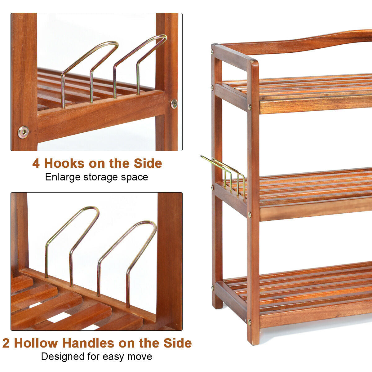 2-Tier Acacia Wood Shoe Rack with 4 Side Metal Hooks