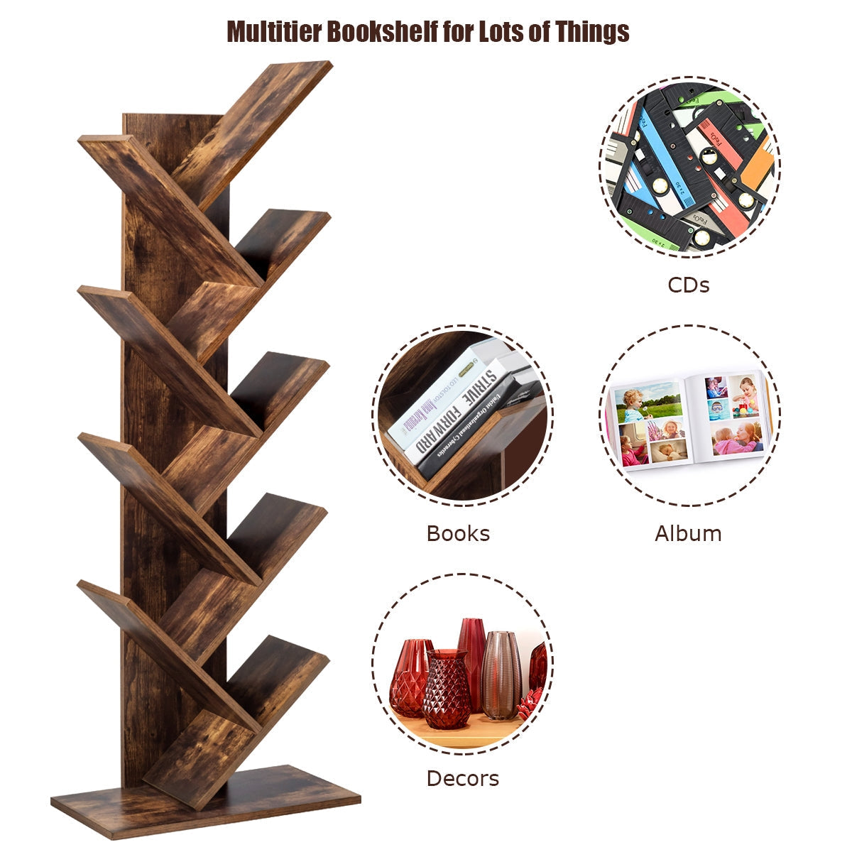 8-Tier Free Standing Tree Bookshelf-Coffee