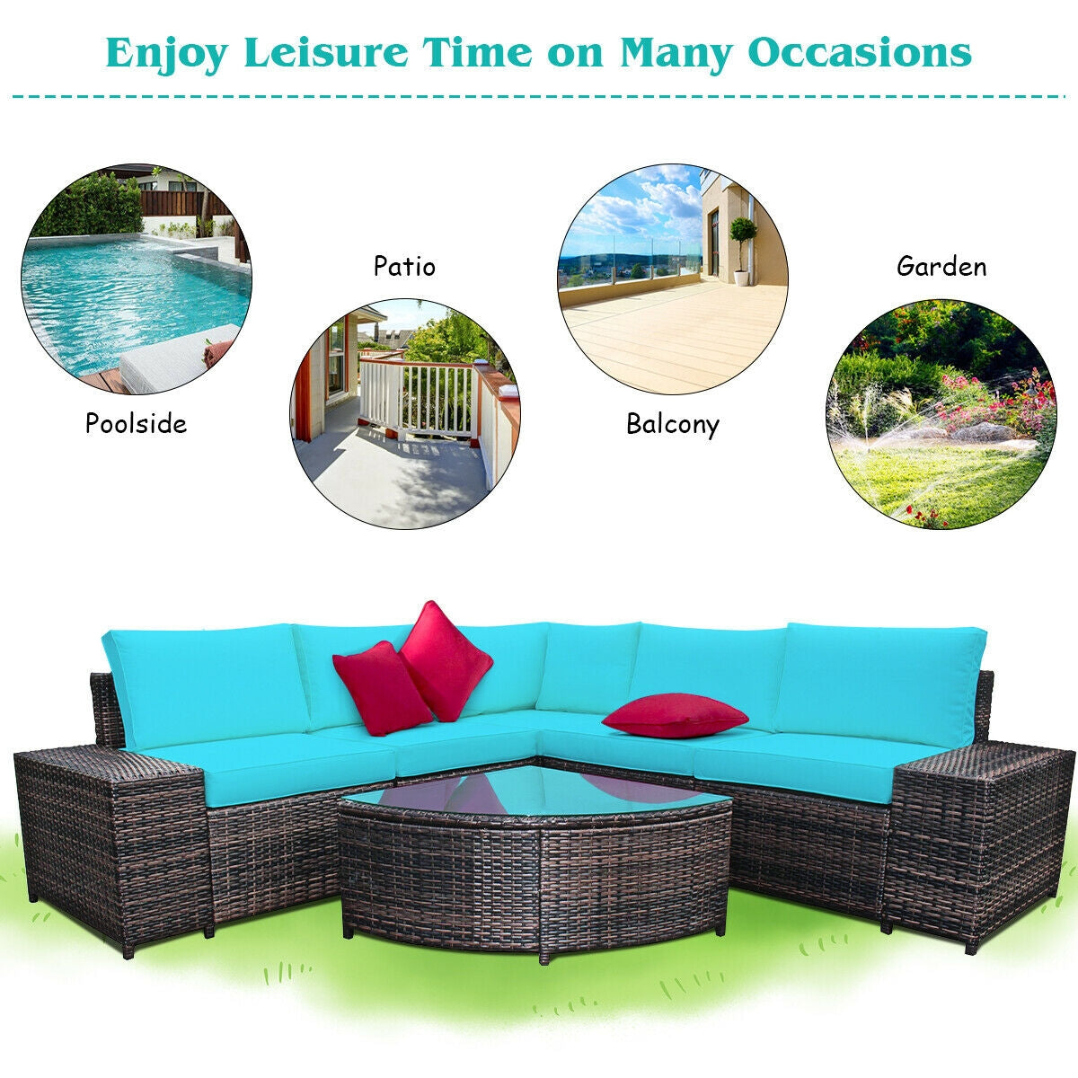 6 Piece Wicker Patio Sectional Sofa Set with Tempered Glass Coffee Table