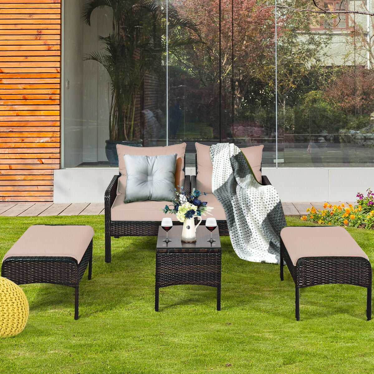 5 Pieces Patio Rattan Sofa Ottoman Furniture Set with Cushions-Black