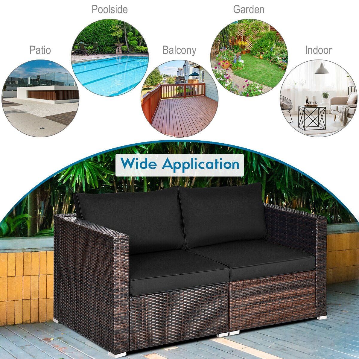 2 Pieces Patio Rattan Sectional Conversation Sofa Set-Beige