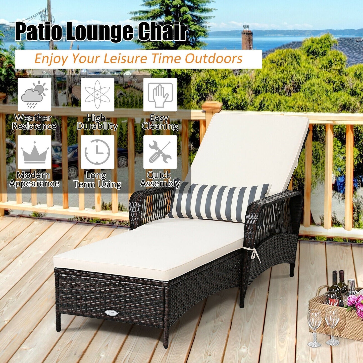 Outdoor Patio Wicker Chaise Lounge Chair with Adjustable Backrest and Pillow