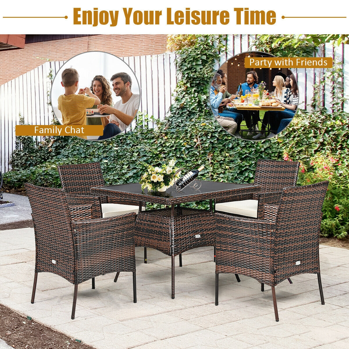 5 Pieces Patio Rattan Dining Furniture Set with Arm Chair and Wooden Table Top