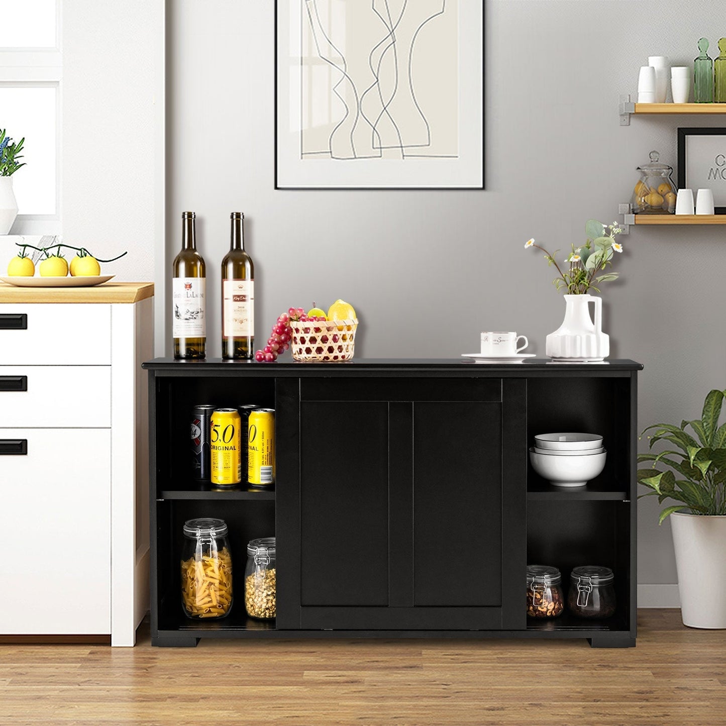 Kitchen Storage Cabinet with Wood Sliding Door
