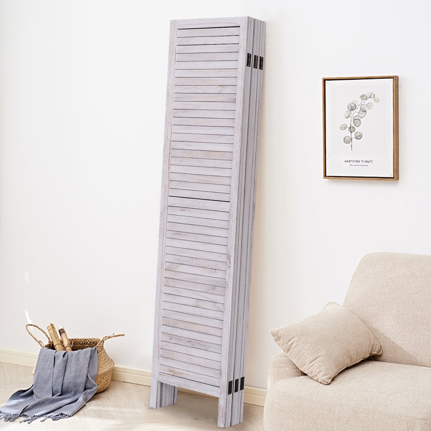 6 Panels Classic Venetian Wooden Slat Room Screen-White