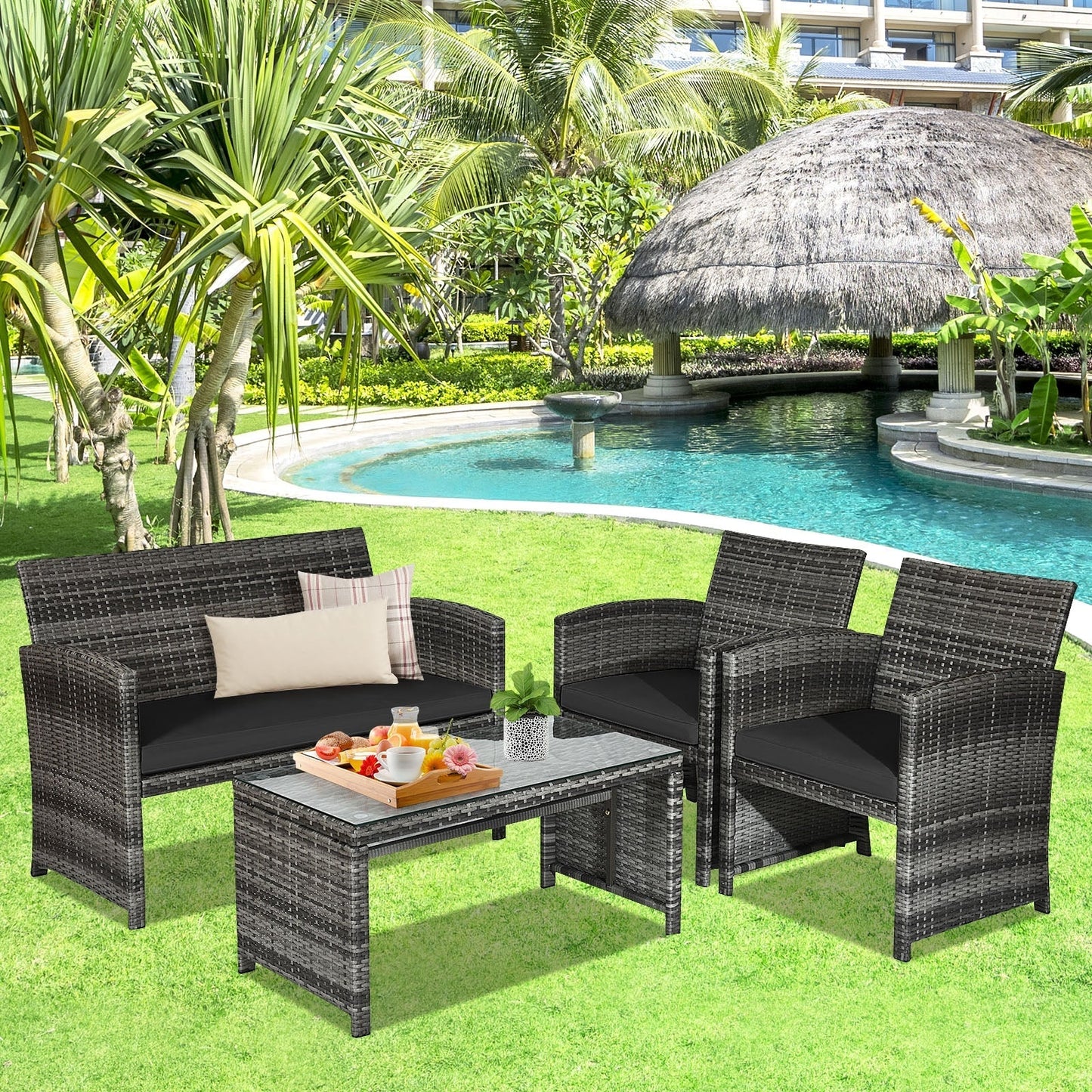4 Pieces Patio Rattan Furniture Set with Glass Table and Loveseat-Gray
