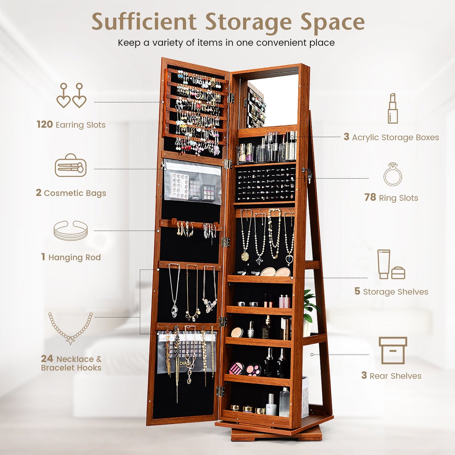 360° Rotatable 2-in-1 Lockable Jewelry Cabinet with Full-Length Mirror
