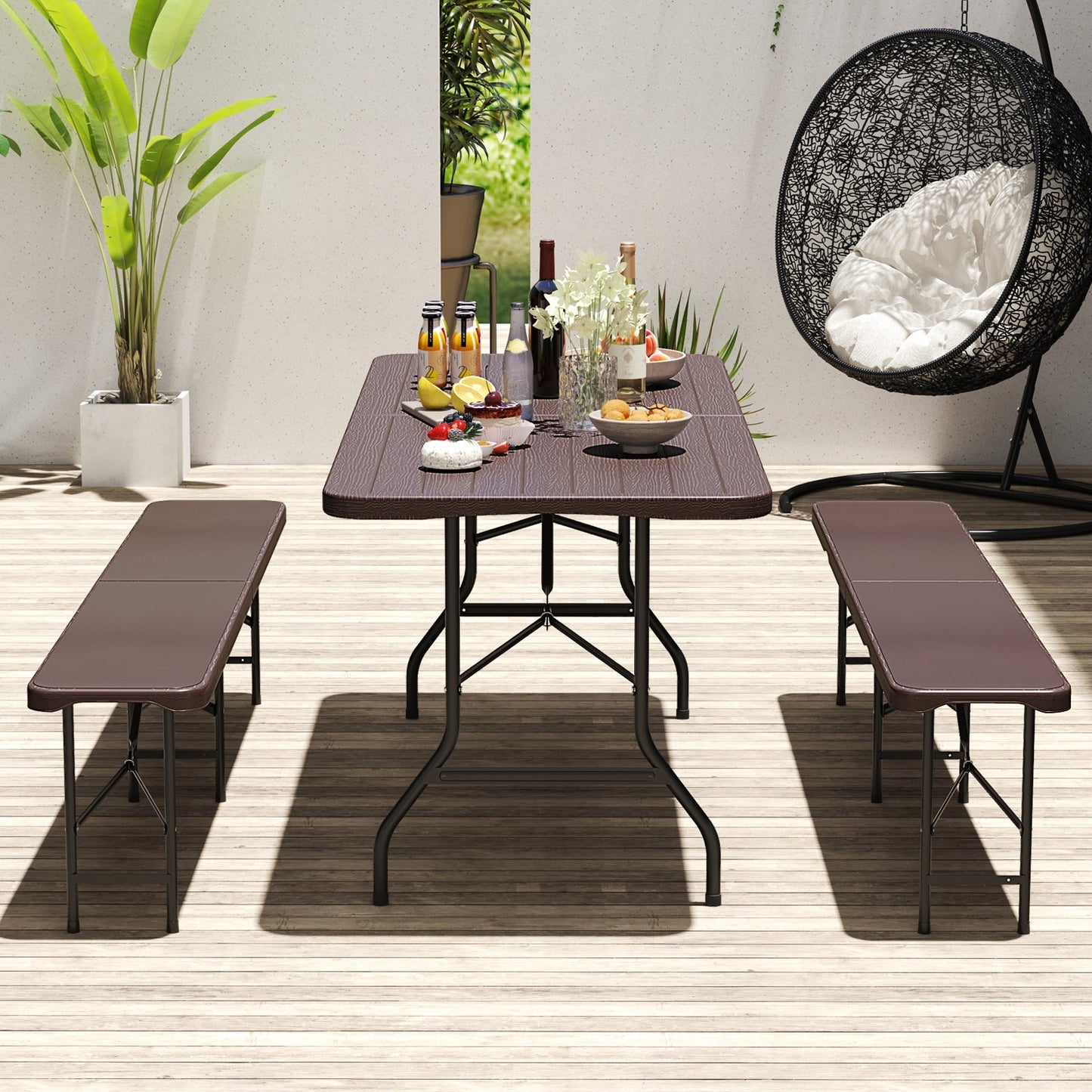6 Feet Folding Table with Wood Grain HDPE Tabletop and Safe Lock Mechanism