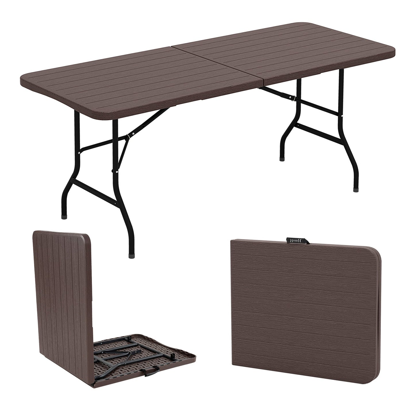 6 Feet Folding Table with Wood Grain HDPE Tabletop and Safe Lock Mechanism
