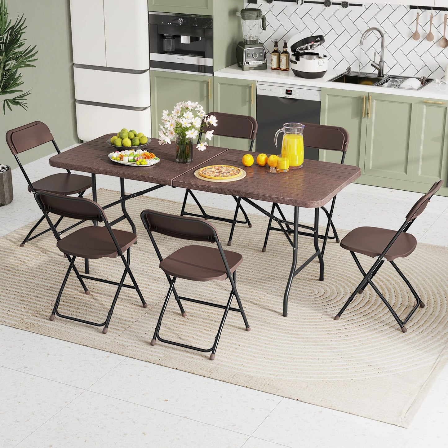 6 Feet Folding Table with Wood Grain HDPE Tabletop and Safe Lock Mechanism