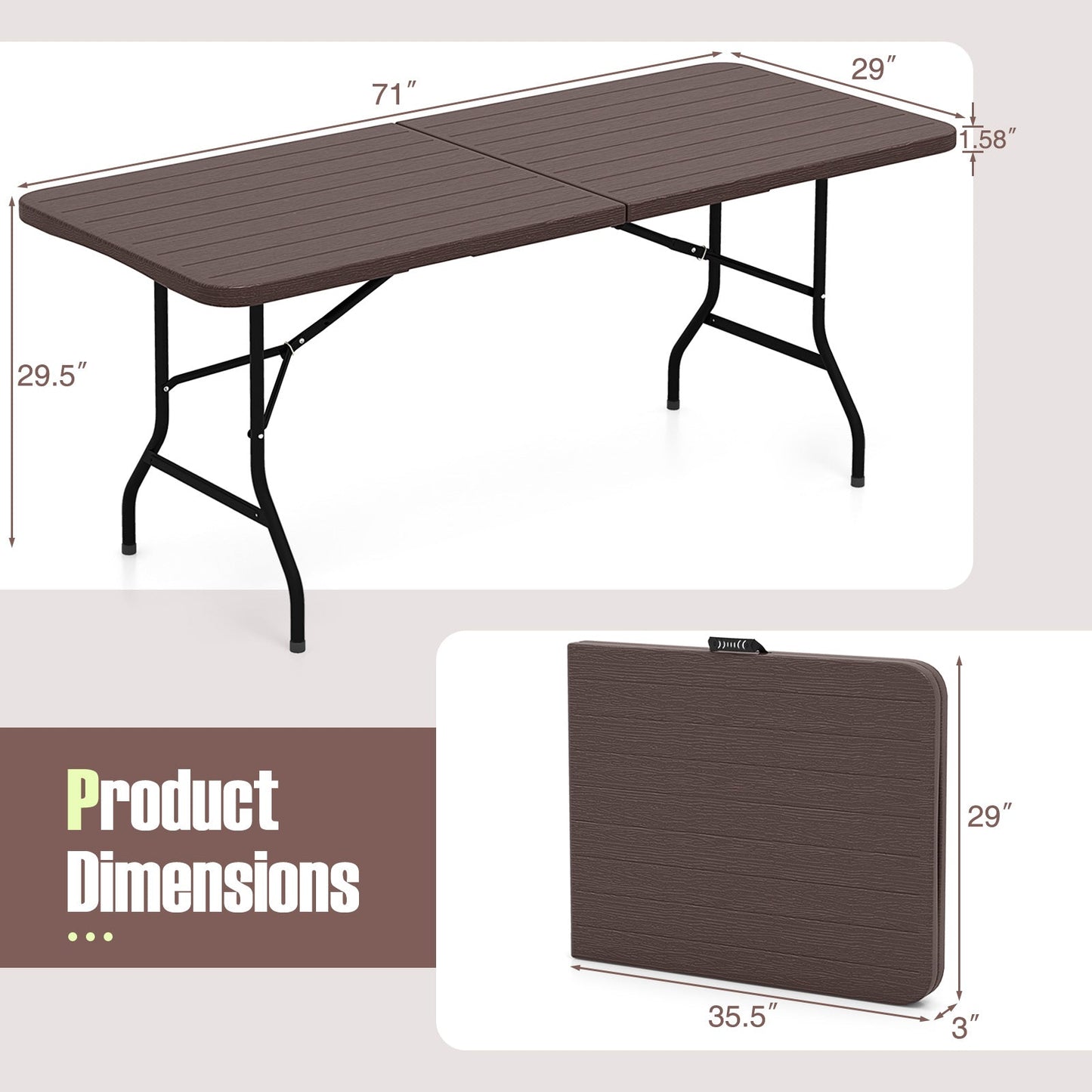 6 Feet Folding Table with Wood Grain HDPE Tabletop and Safe Lock Mechanism