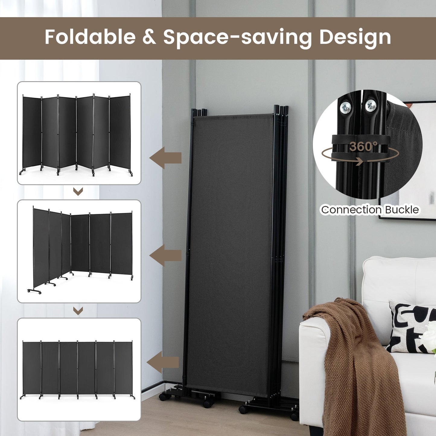 6 Panel 5.7 Feet Tall Rolling Room Divider on Wheels