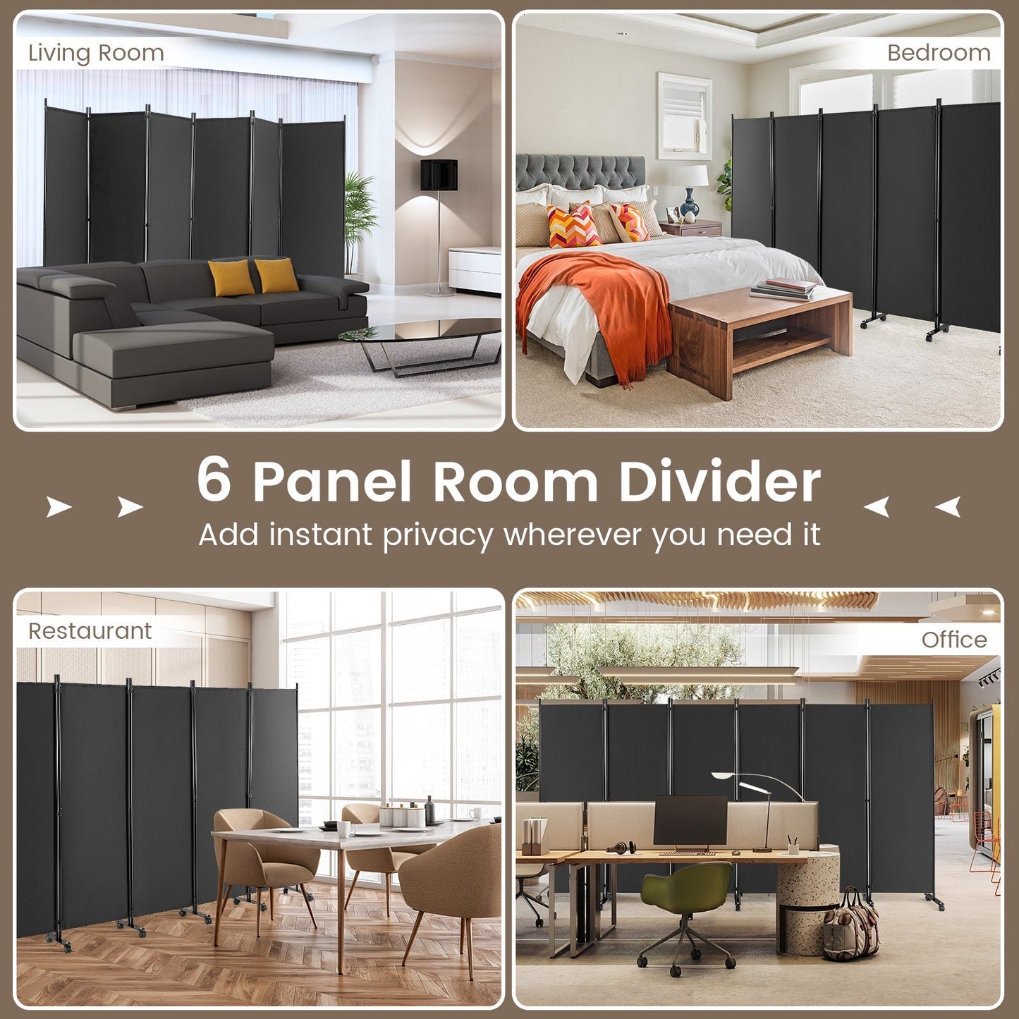 6 Panel 5.7 Feet Tall Rolling Room Divider on Wheels