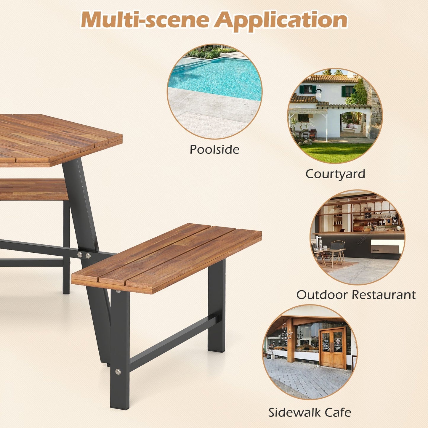 6 Person Acacia Wood Picnic Table Bench Set with 3 Seats