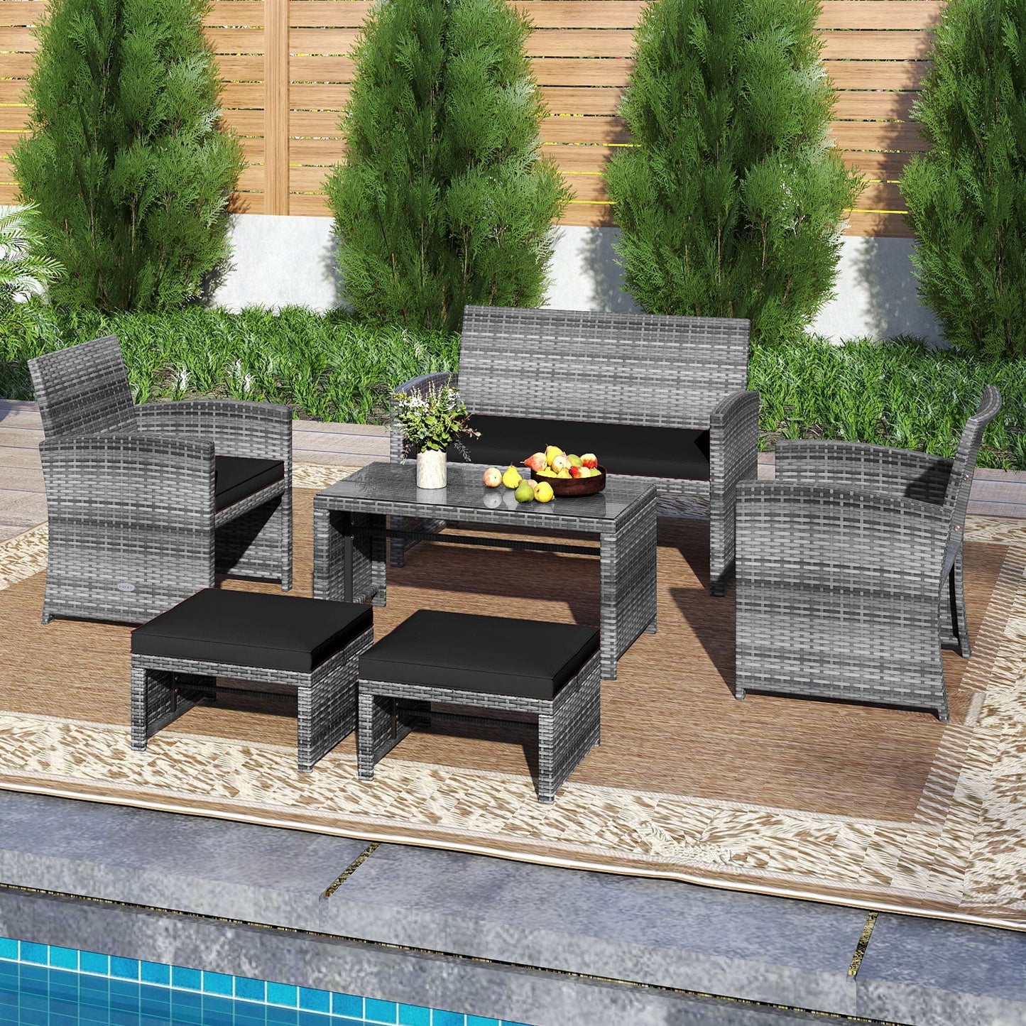6 Pieces Patio Furniture Set Outdoor Sectional Conversation PE Rattan Sofa Set