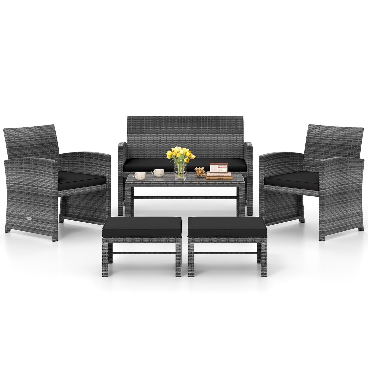 6 Pieces Patio Furniture Set Outdoor Sectional Conversation PE Rattan Sofa Set