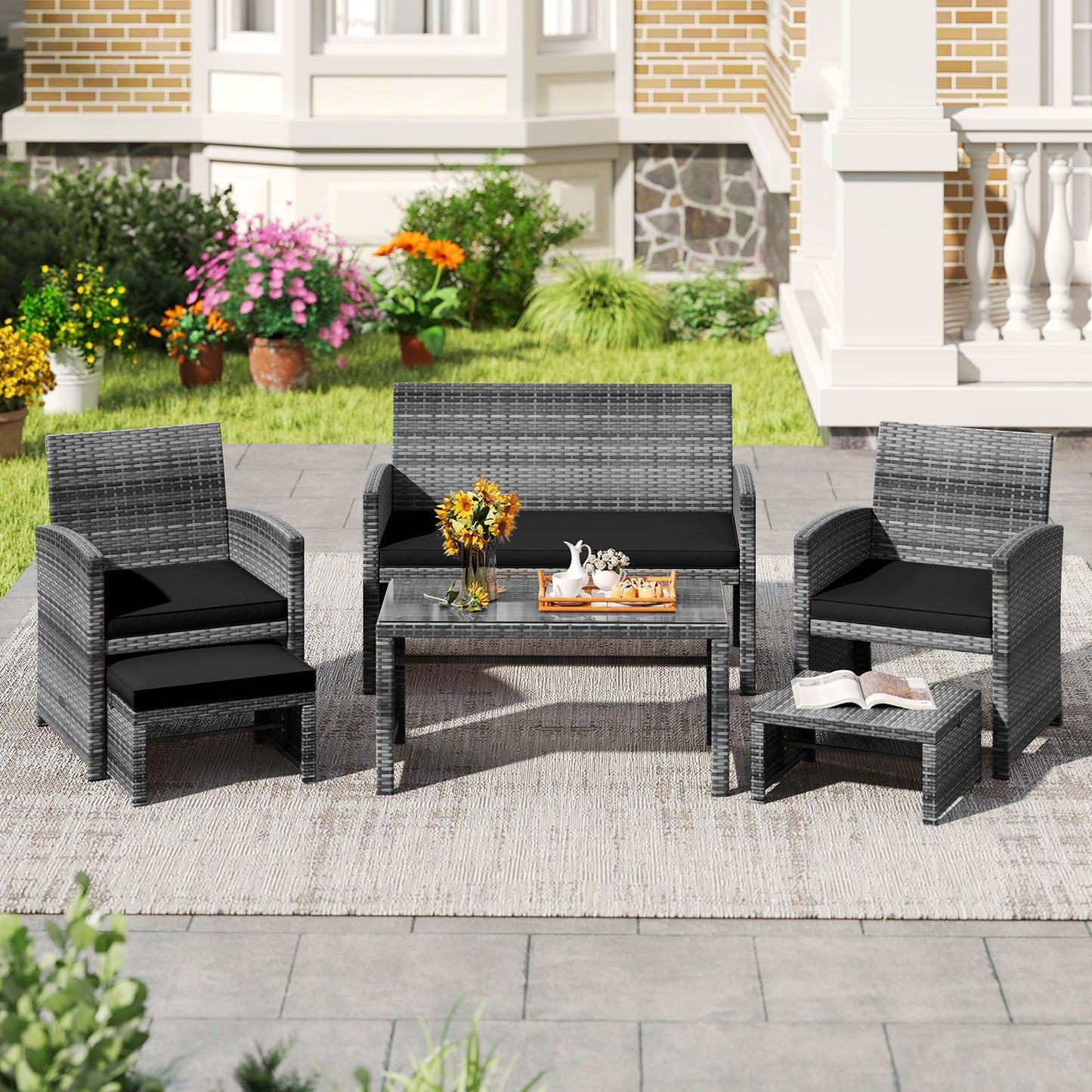 6 Pieces Patio Furniture Set Outdoor Sectional Conversation PE Rattan Sofa Set