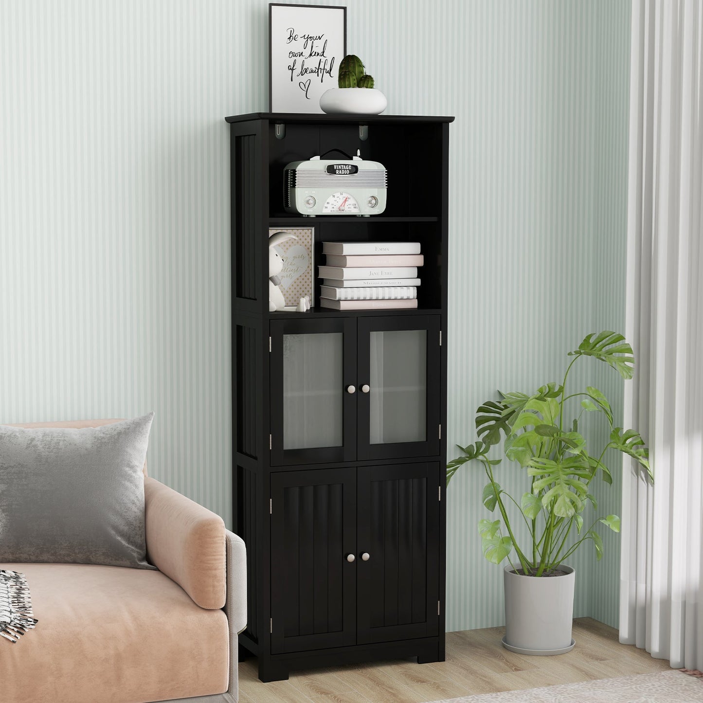 6-Tier Freestanding Bathroom Cabinet with 2 Open Compartments and Adjustable Shelves