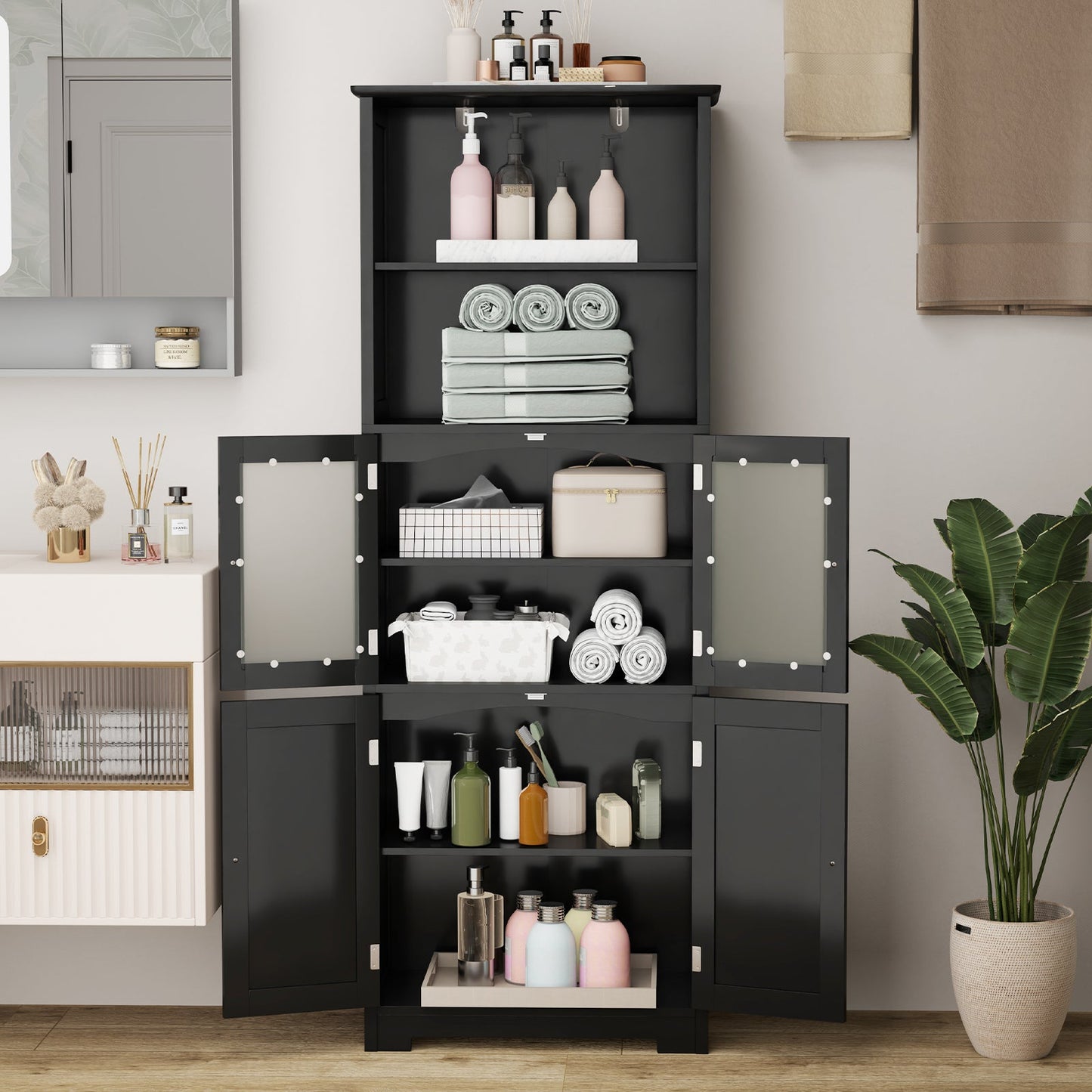 6-Tier Freestanding Bathroom Cabinet with 2 Open Compartments and Adjustable Shelves