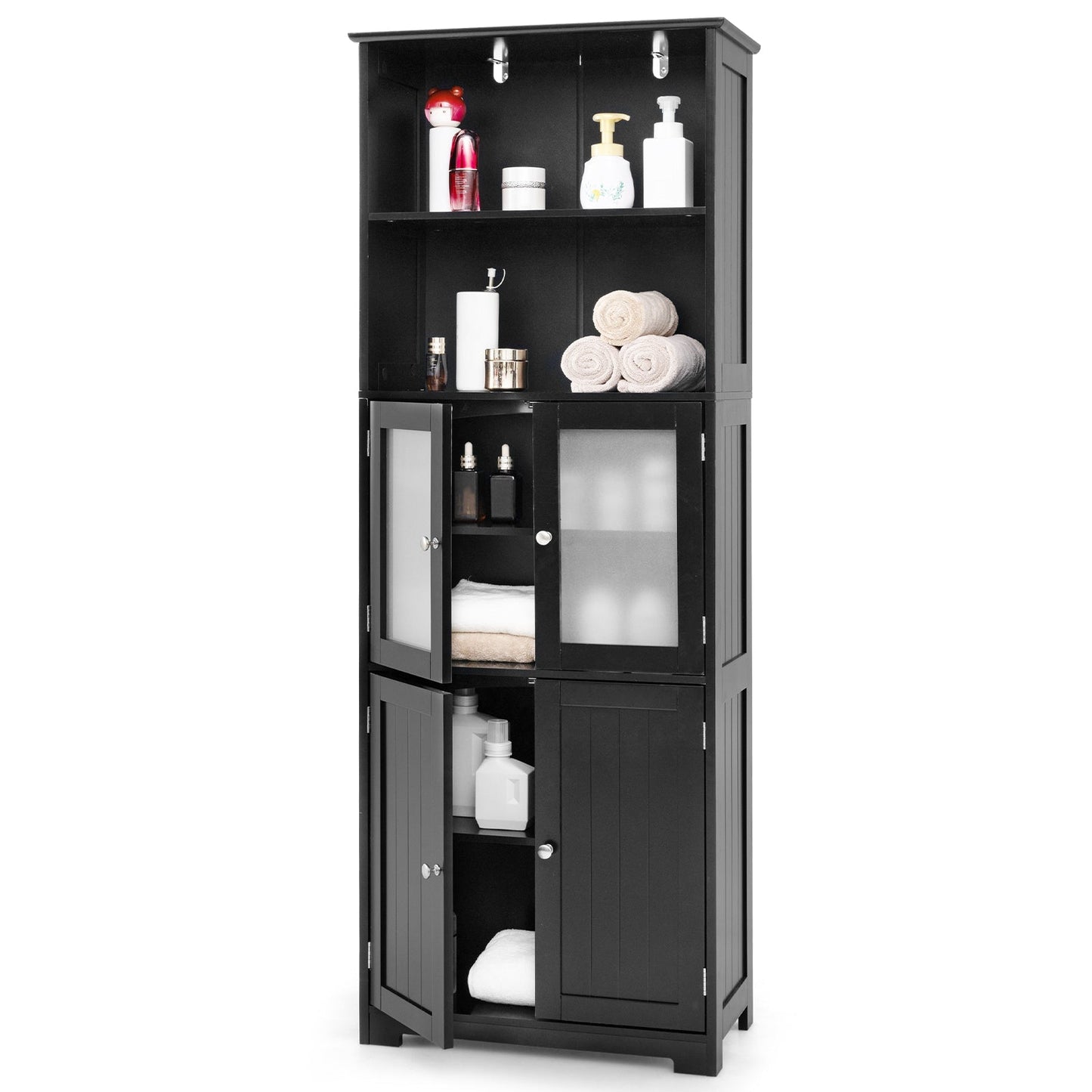 6-Tier Freestanding Bathroom Cabinet with 2 Open Compartments and Adjustable Shelves