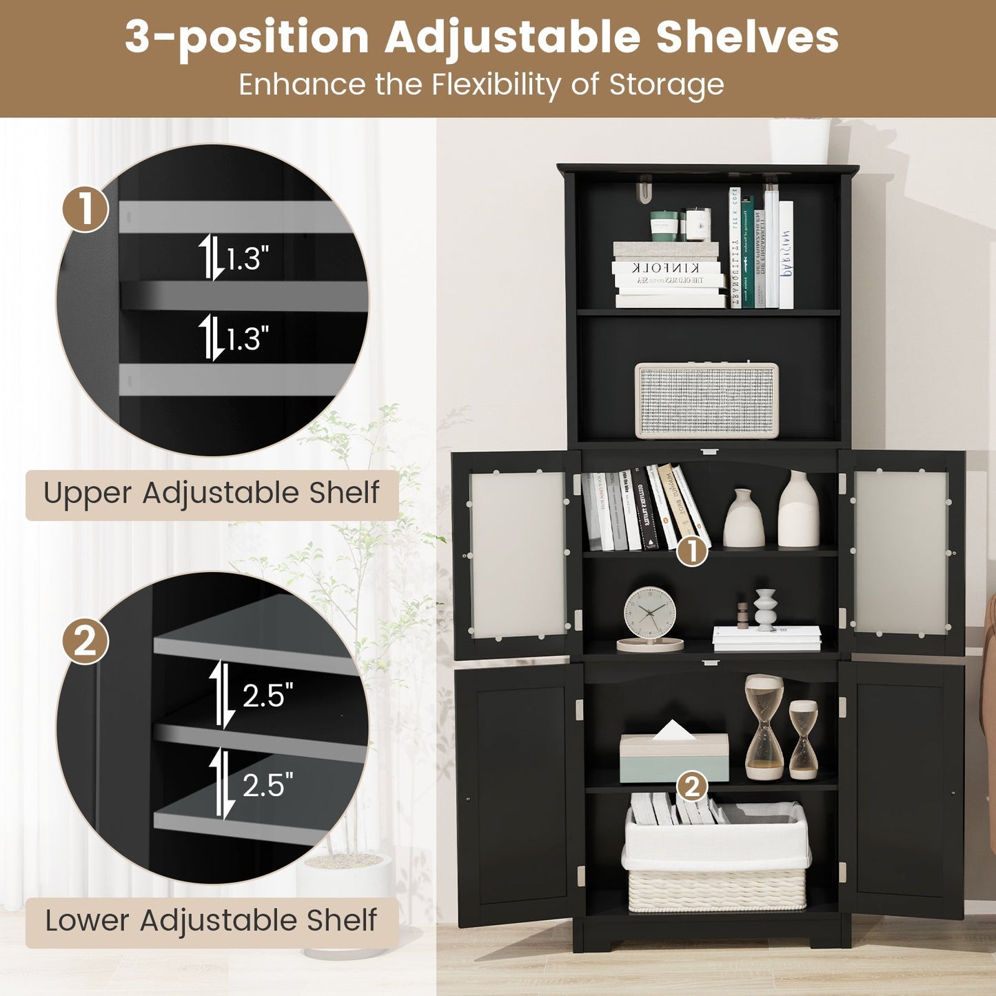6-Tier Freestanding Bathroom Cabinet with 2 Open Compartments and Adjustable Shelves