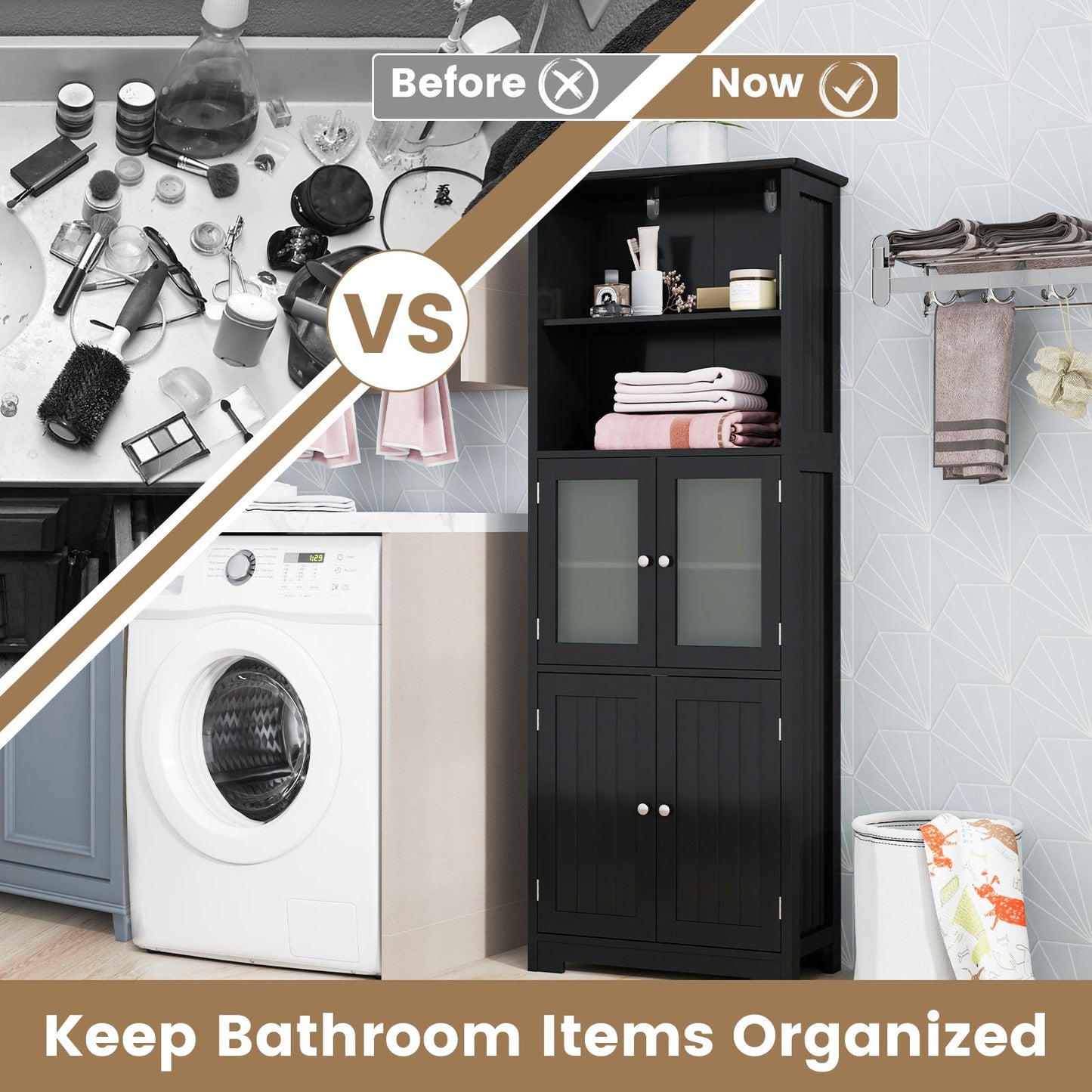 6-Tier Freestanding Bathroom Cabinet with 2 Open Compartments and Adjustable Shelves
