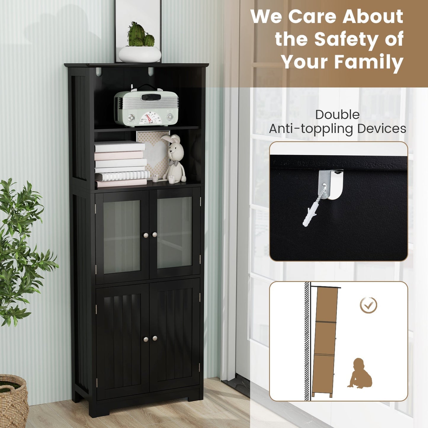6-Tier Freestanding Bathroom Cabinet with 2 Open Compartments and Adjustable Shelves